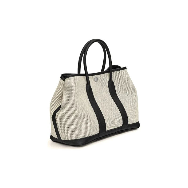 HERMES Garden Party H-Stripe Canvas With Negonda Calfskin Canvas Bag Handbags Regular Women's Beige-1