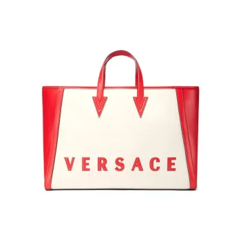 VERSACE Cotton Leather Tote Bag Shopping Bag Shoulder Bag Handbag Men's Red White