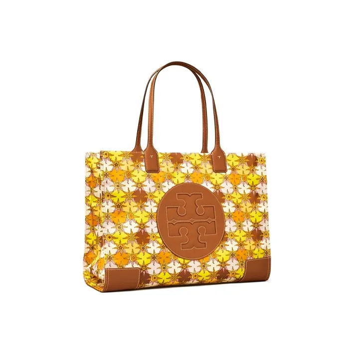 TORY BURCH Ella Leather Shopping Bag Handbag Women's Brown Yellow Multicolor-1