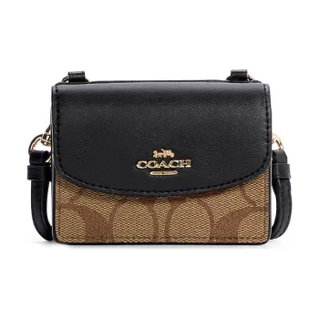 COACH Flap Canvas Leather Crossbody Bag Shoulder Bag Women's Monogram With Black