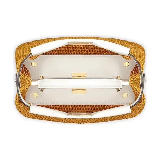 FENDI Peekaboo Viscose Blend With Sheepskin Shoulder Bag Crossbody Bag Handbag Mini Women's Yellow/White-3