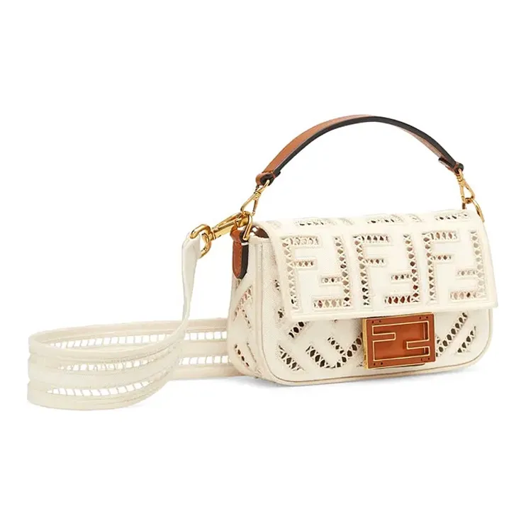 FENDI Baguette Canvas With Leather Baguette Bag Handbag Shoulder Bag Crossbody Bag Mini Women's White/Brown-1