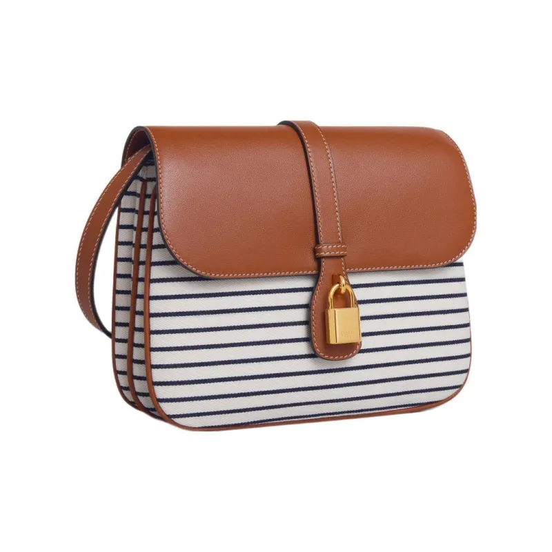 CELINE Tabou Stripes Textile, Cow Leather One Shoulder, Crossbody Bag Medium Size Women's Marine Blue/Tan-2