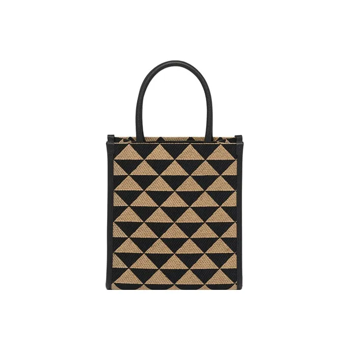 PRADA Symbole Embroidered Fabric Tote Bag Shopping Bag Handbag Small Size Women's Black/Beige Yellow-1