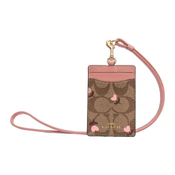 COACH Lanyard Canvas Card Holder Regular Women's Brown Pink