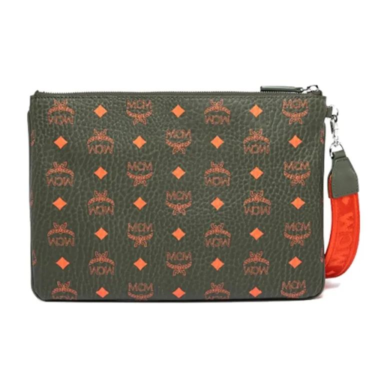 MCM Essential Visetos Origina Artificial Leather Handheld Wrist Clutch Medium Size Men's Moss Green-3