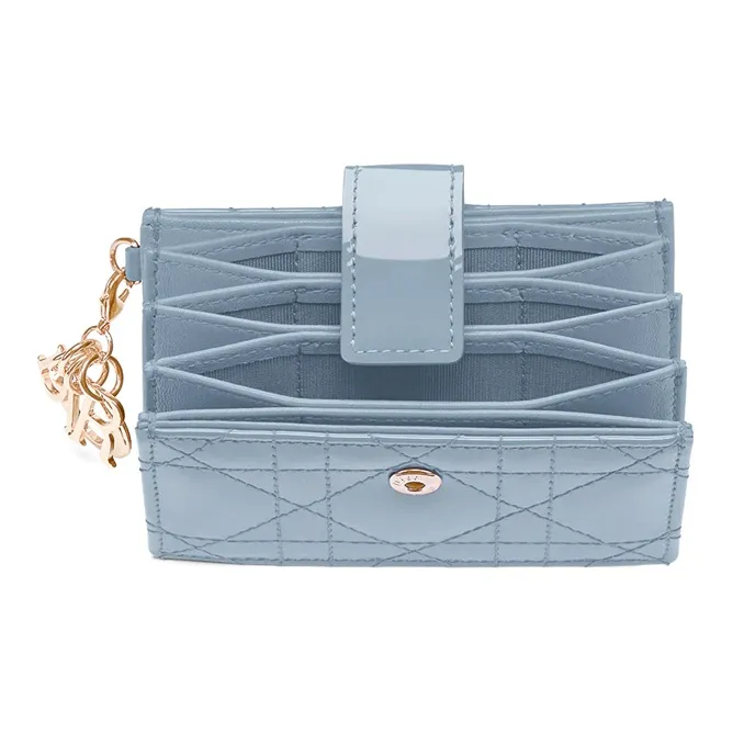 DIOR Patent Leather Calfskin Card Holder Women's Light Blue-2