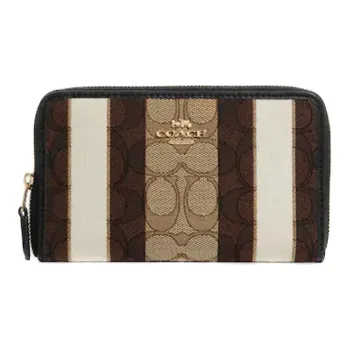 COACH Zip Around Canvas With Stripes Wallet Women's Khaki & Black
