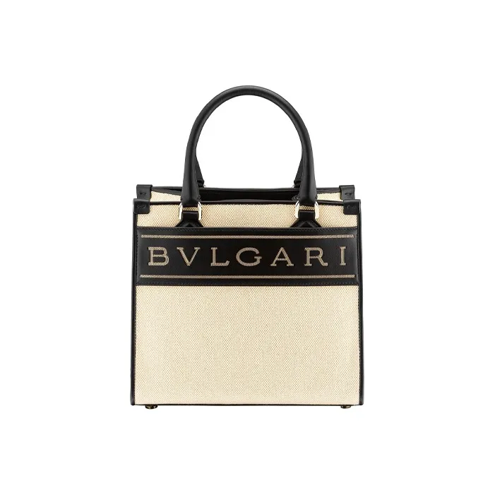 BVLGARI Bvlgari Logo Canvas Calfskin Handbag Small Size Women's Beige-0