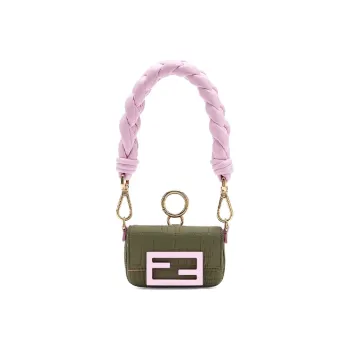 FENDI Baguette Lambskin With Nylon Handbag Women's Green/Pink