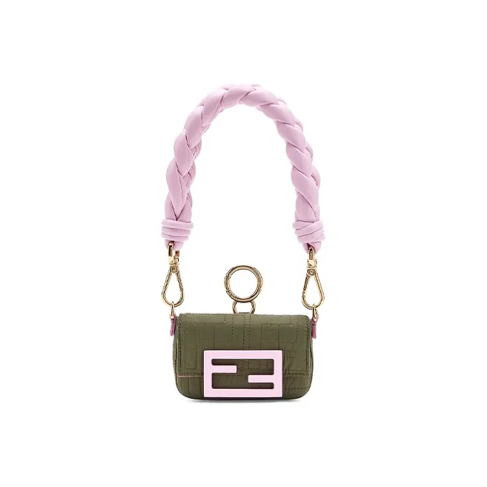 FENDI Baguette Lambskin With Nylon Handbag Women's Green/Pink-0