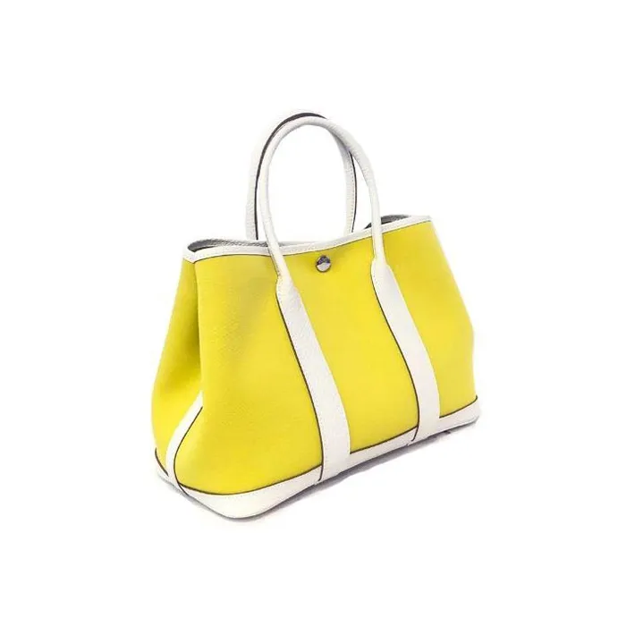 HERMES Garden Party Canvas With Leather Garden Bag Handbag Women's Yellow White-1