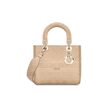 DIOR Lady D-Lite Canvas Daisie Bag Handbag Medium Size Women's Beige