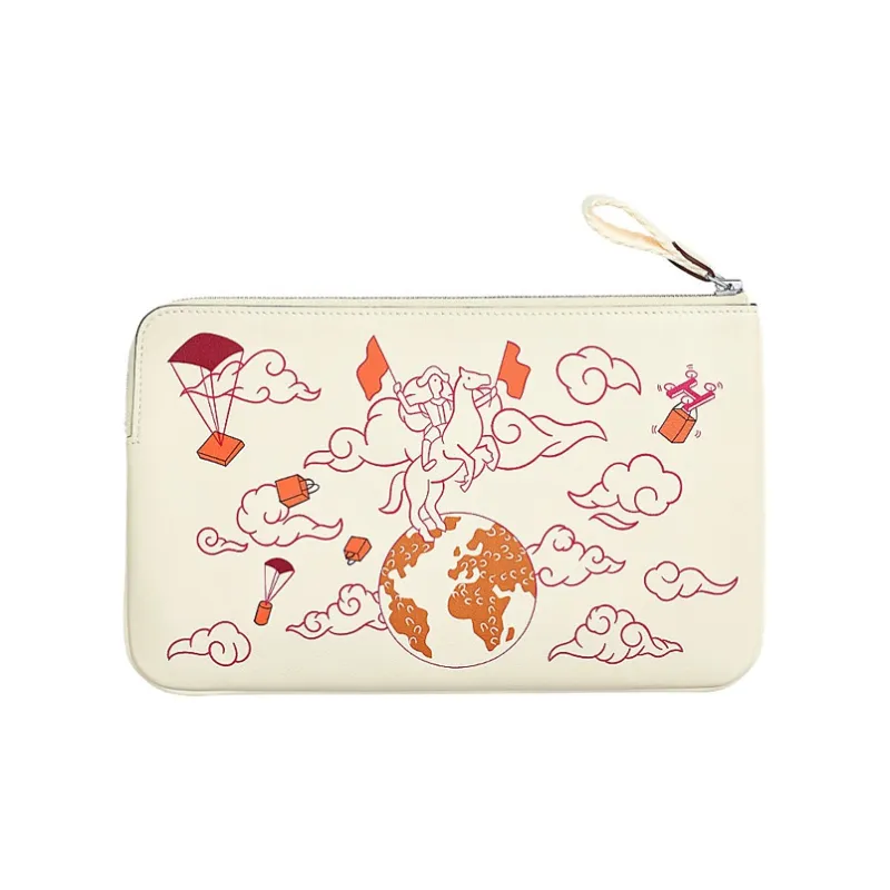 HERMES Carre Pocket Cow Leather Clutch Women's Gray White/Raspberry Red/Gray White-1