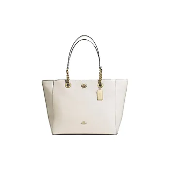 COACH Turnlock Leather Tote Bag Shoulder Bag Large Size Women's Glacier White