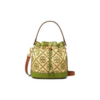 TORY BURCH Leather Bucket Bag, One Shoulder Handbag Regular Women's Avocado Green & Brown Wood