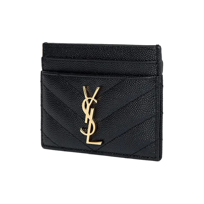 SAINT LAURENT CASSANDRE Grained Embossed Cow Leather Card Clip Card Holder Women's Black-1