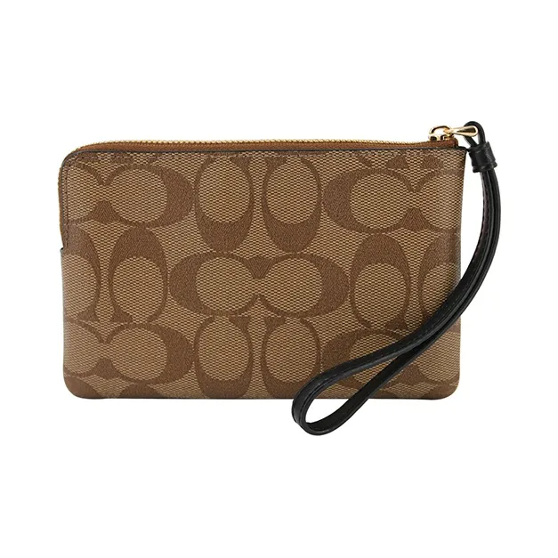 COACH Corner Zip Leather Pochette Clutch Coin Wrist Bag Wallet Trumpets Women's Black & Brown-1