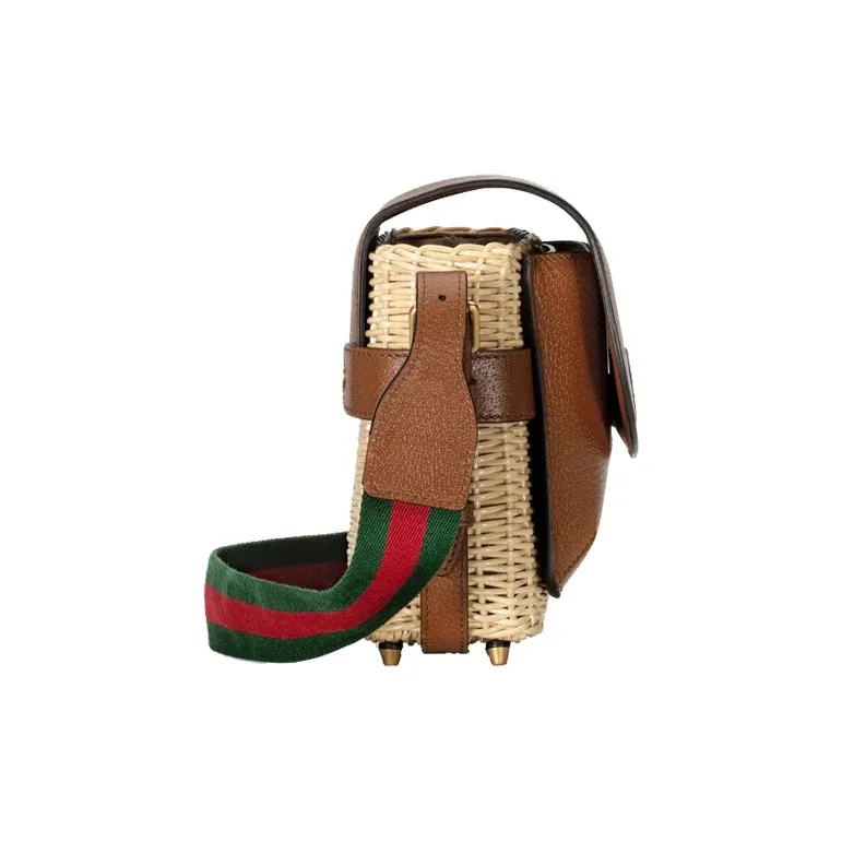 GUCCI Wicker Patchwork Leather Messenger Bag Shoulder Bag Crossbody Bag Small Size Unisex Brown & Beige-3
