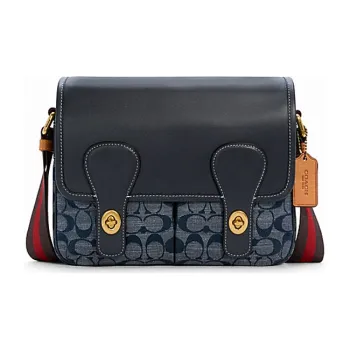 COACH Heritage Chambray Canvas With Leather Messenger Bag Shoulder Bag Crossbody Bag Medium Size Unisex Denim Blue