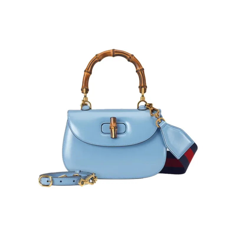 GUCCI Bamboo 1947 Leather Shoulder Bag, Crossbody Bag, Handbag Small Size Women's Blue-1