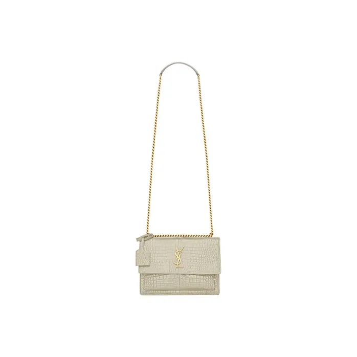 SAINT LAURENT SUNSET Crocodile Embossed Bright Leather Sunset Bag, Crossbody Bag, Shoulder Bag Women's Vintage White-1