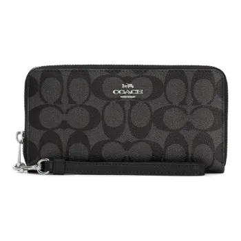 COACH Zip Around Canvas With Leather Wallet Women's Charcoal Black Monogram