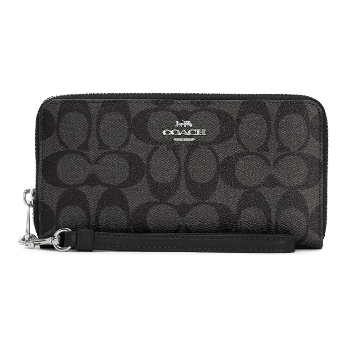 COACH Zip Around Canvas With Leather Wallet Women's Charcoal Black Monogram-0