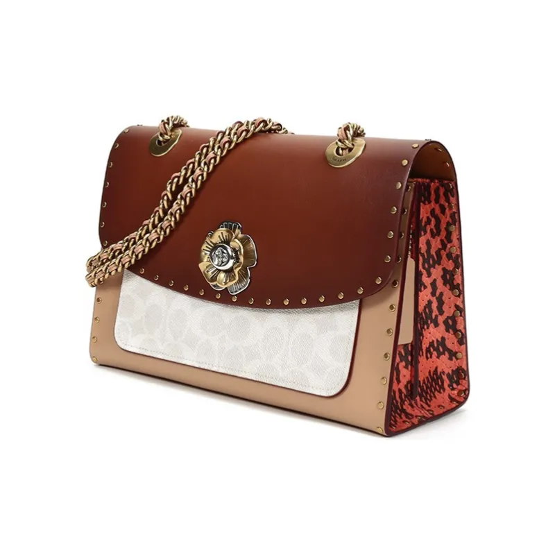 COACH Parker Canvas Chain Bag Crossbody Bag Shoulder Bag Medium Size Women's Brown Red Monogram Color Scheme-1