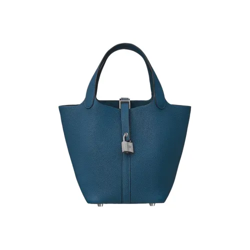 HERMES Picotin Lock Maurice Bullock Leather Silver Buckle Handbag Women's S4 Deep Blue Dark Blue