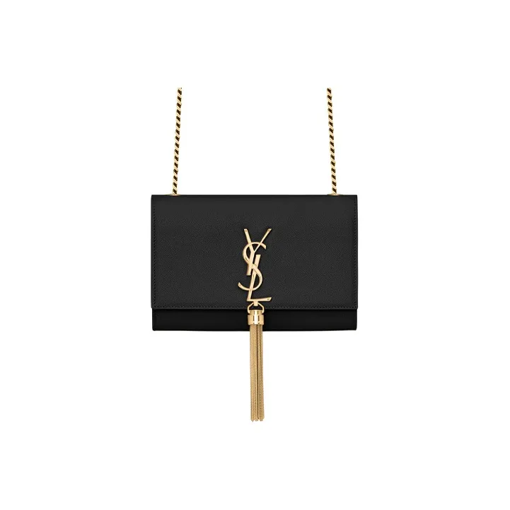 SAINT LAURENT KATE Grained Embossed Leather Tassel Bag Chain Shoulder Bag Crossbody Bag Small Size Women's Black-0