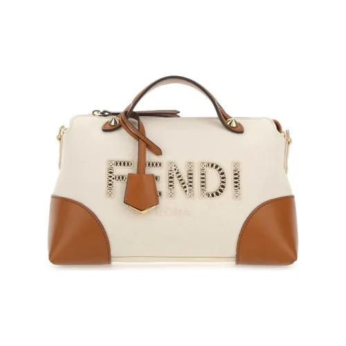 FENDI Calfskin With Cotton Boston Bag Shoulder Bag Crossbody Bag Handbag Medium Size Women's Beige/Brown