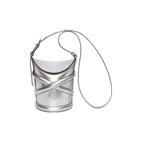 Alexander McQueen THE CURVE BAG Cow Leather Bucket Bags Shoulder Bag Crossbody Bag Medium Size Women's Silver