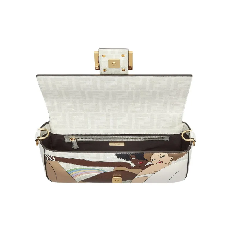 FENDI Baguette Leather Accented With Mink Fur Handbag Shoulder Bag Medium Size Women's Light Pink & White-3