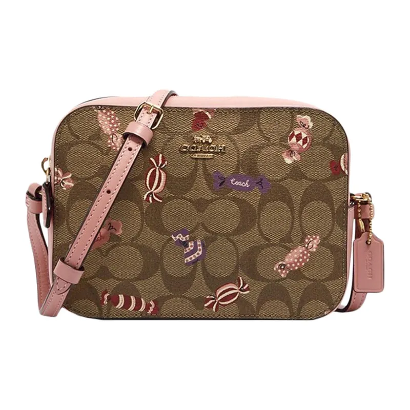 COACH Camera Canvas Camera Bag, Shoulder Bag Mini Women's Khaki & Pink-0