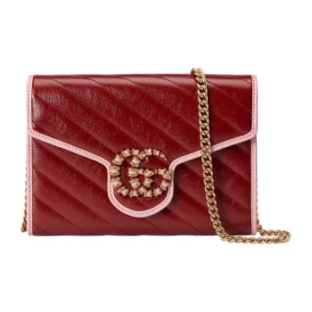 GUCCI Marmont Leather One Shoulder Handbag Crossbody Bag Mini Women's Red Pink