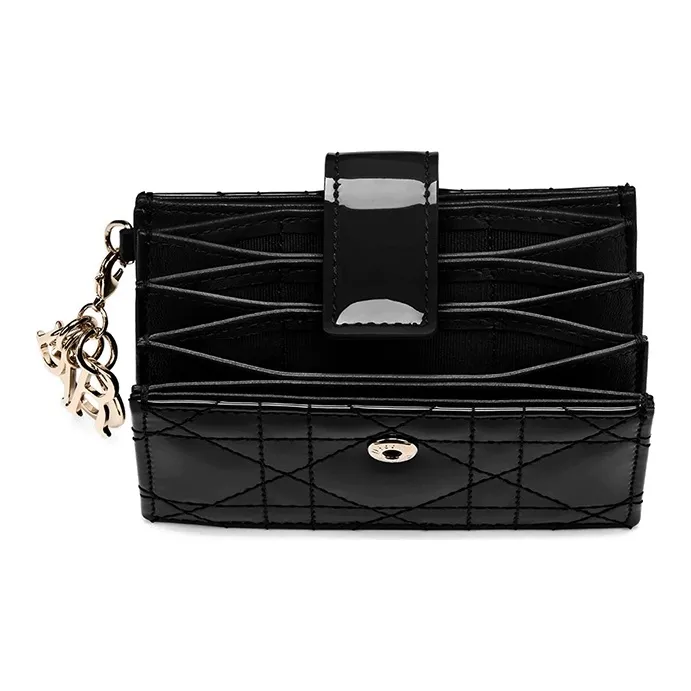 DIOR Patent Leather, Cow Leather Wicker Pattern 5 Compartment Card Holder Women's Black-2
