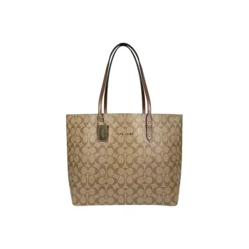 COACH Town Canvas With Leather Tote Bag Shopping Bag Handbag Shoulder Bag Women's Khaki Brown Monogram