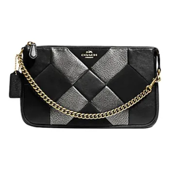 COACH NolitaWristlet Pebbled Leather Pochette, Shoulder Bag, Handbag Medium Size Women's Black & Silver