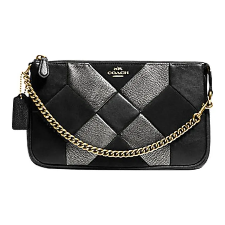 COACH NolitaWristlet Pebbled Leather Pochette, Shoulder Bag, Handbag Medium Size Women's Black & Silver-0