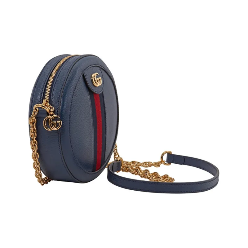 GUCCI Leather Round Bag Chain Crossbody Bag Shoulder Bag Mini Women's Dark Blue-3