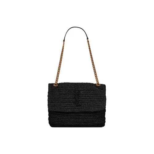 SAINT LAURENT Niki Woven Raffia With Leather Hobo Bag Shoulder Bag Crossbody Bag Women's Black