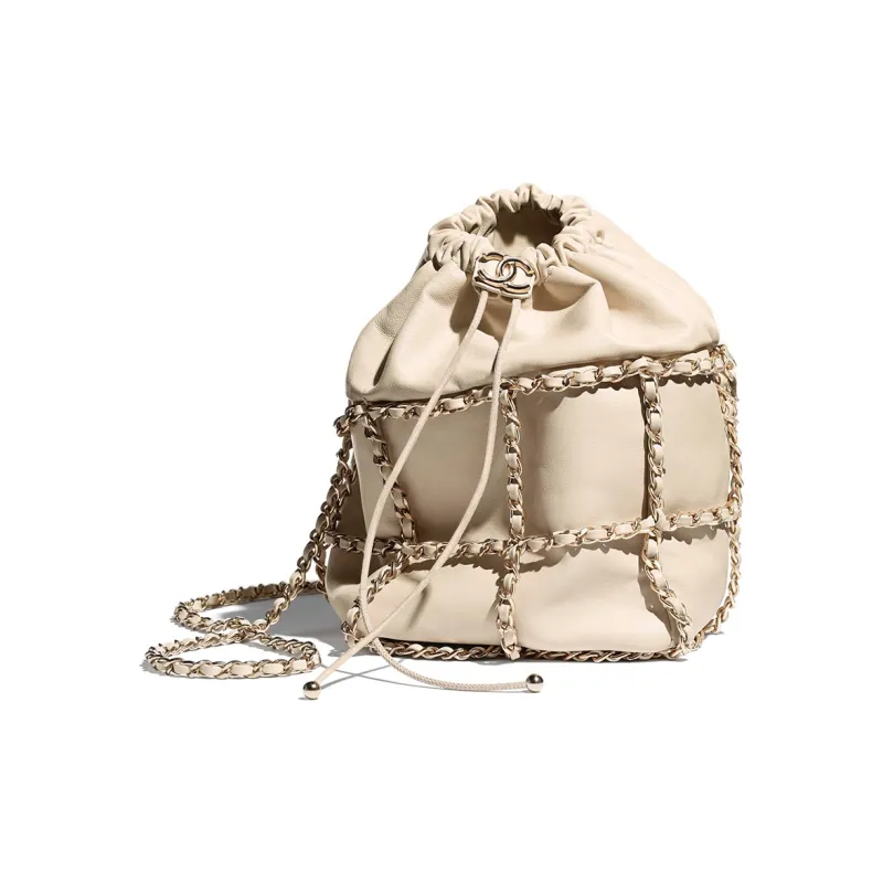 CHANEL Drawstring Lambskin Bucket Bag, Portable Crossbody Bag, Shoulder Bag Women's Beige-1