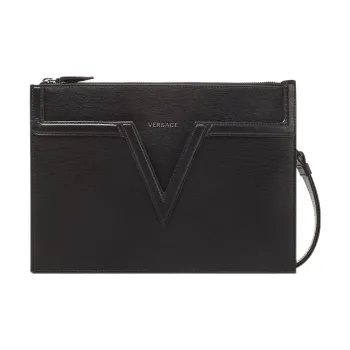 VERSACE Grained Calfskin Clutch Men's Black