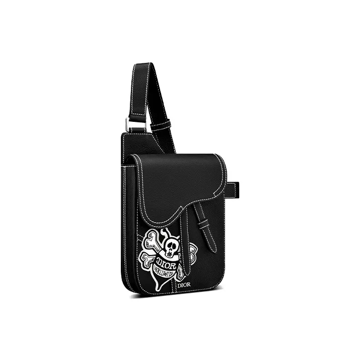 DIOR Shawn Collaboration Saddle Embroidery Crossbody Handheld Sling Bag Men's Black-1