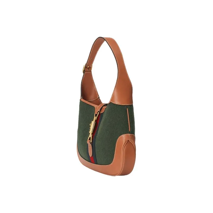 GUCCI Jackie 1961 Canvas With Leather Trim Crescent Shoulder Bag Shoulder Bag Women's Dark Green With Brown Accents-3