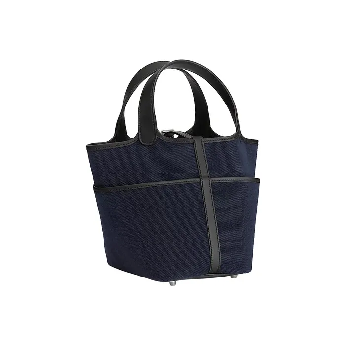 HERMES Canvas With Swift Calfskin Basket Bag Handbag Bucket Bag Unisex Deep Sea Blue & Black-2