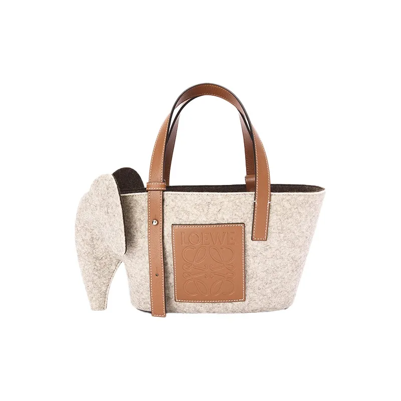 LOEWE Elephant Basket Felt With Calfskin Tote Bag Shopping Bag Shoulder Bag Handbag Women's Beige/Brown-0