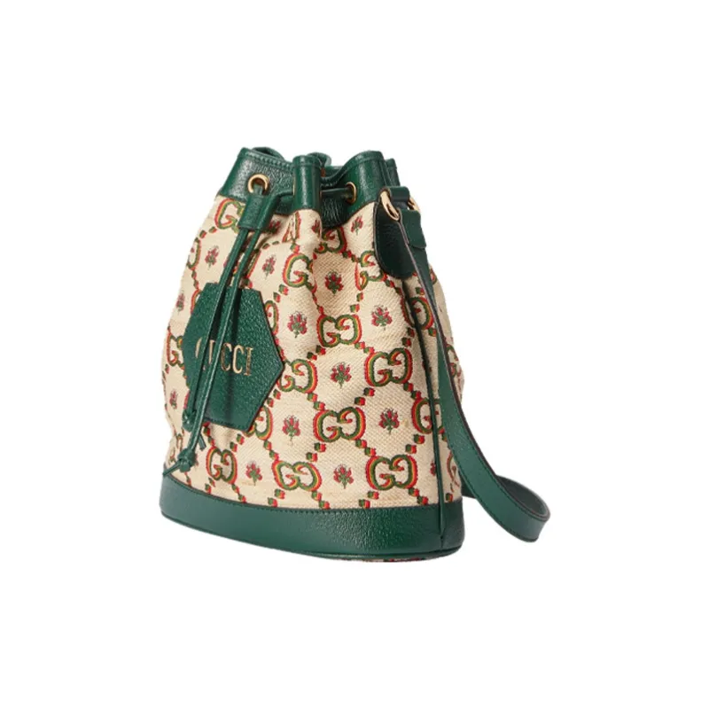 GUCCI Ophidia Jacquard Fabric Leather Binding Bucket Bags Shoulder Bag Crossbody Bag Mini Unisex Beige/Green-1