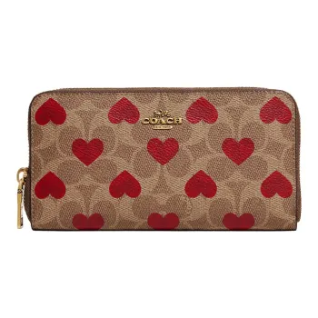 COACH Accordion Zip Canvas With Leather Trunk Bag Wallet Medium Size Women's Brown/Red